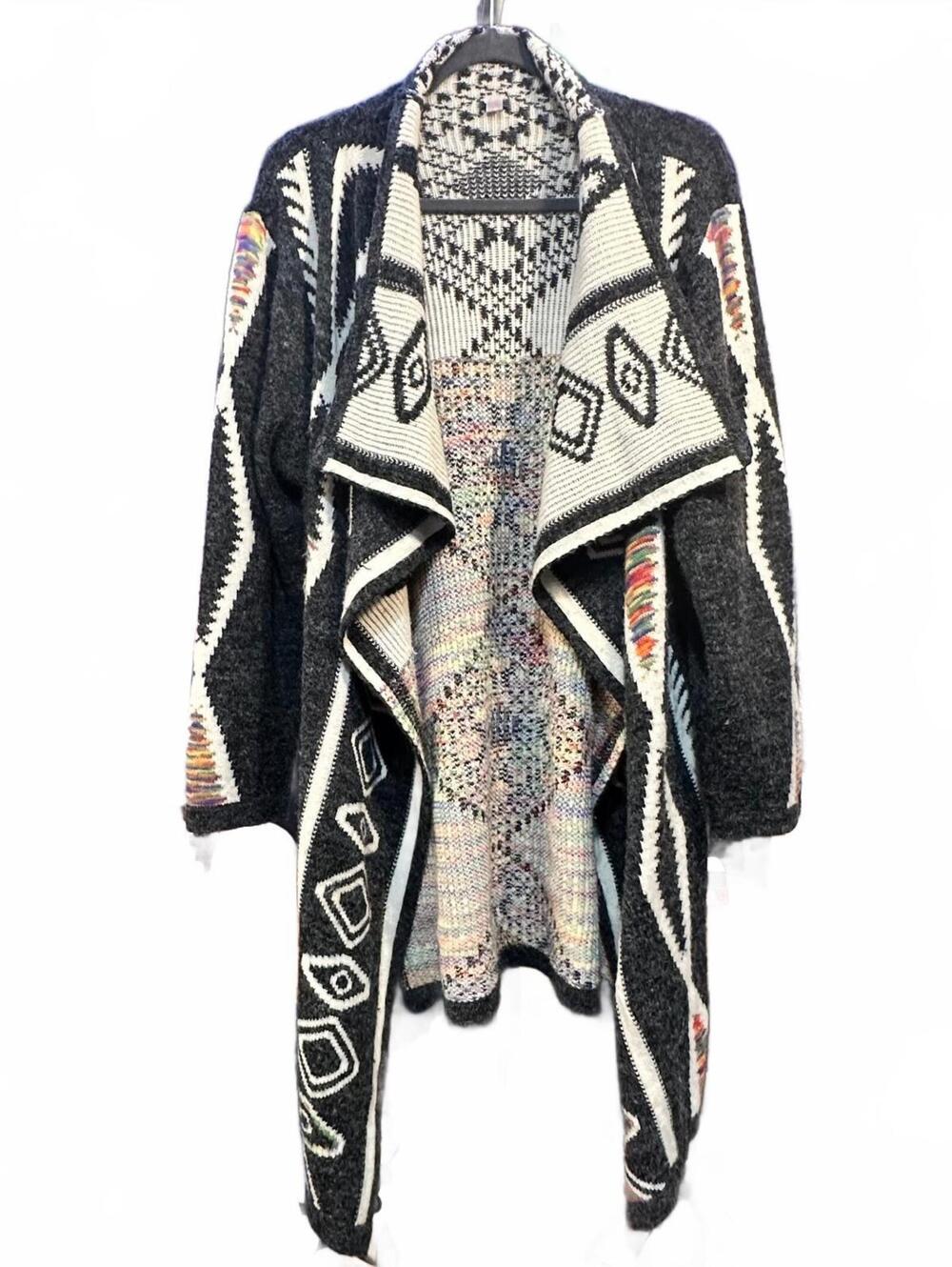 Southwestern L/XL Linen Wool Blanket Cardigan Heavyweight Boho Western Geometric
